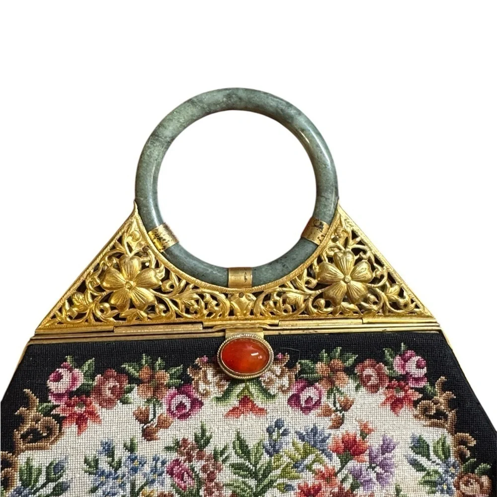 Vintage Asian petit point needlepoint evening bag Jade Wrist Bracelet Handle